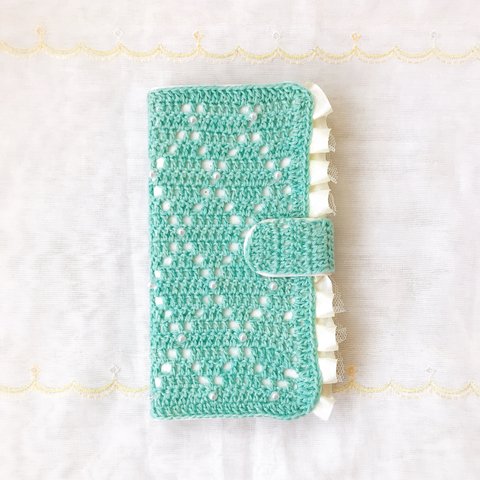  毛糸で編んだ手帳型スマホケース iPhoneX エメラルドグリーン