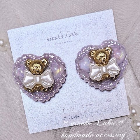 ♡ Frill heart ribbon bear girly earring ♡