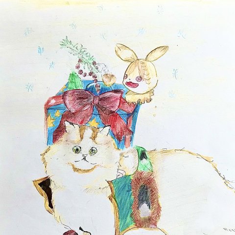 「クリスマスの準備」原画　額　ポスター　絵画　猫　クリスマス　アート