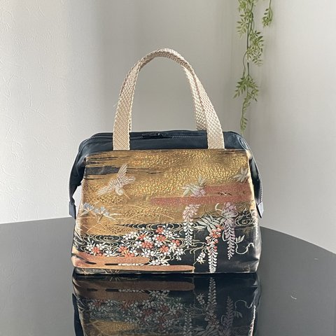 kitakiyohagi様オーダーのお品物　帯リメイクバッグ　ミニボストンバッグ風　本金箔　鶴に季節の花々　和装バッグ