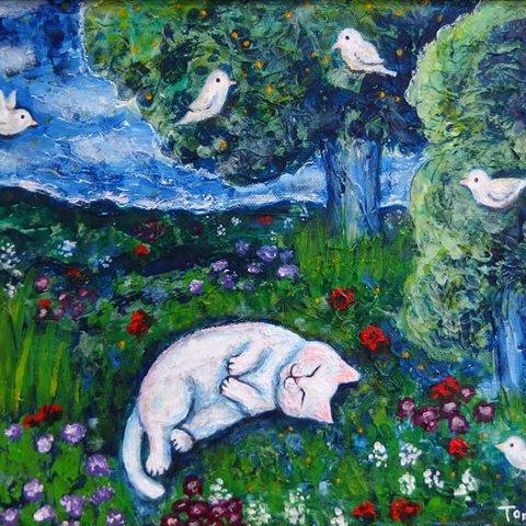 原画 「The Most Peaceful Place On Earth」F3号（額付 / ゴールド系）＃絵画 ＃通販 ＃猫の絵 ＃鳥の絵 ＃花の絵 