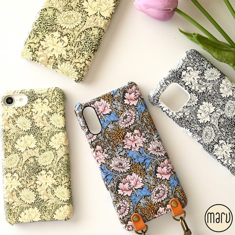 全機種対応 スマホケース 【 まるっと ウィリアムモリス AG 】 菊 Chrysanthemum Toile スマホショルダー レザー スマホケース 北欧柄 ウィリアム・モリス カーキ F019F