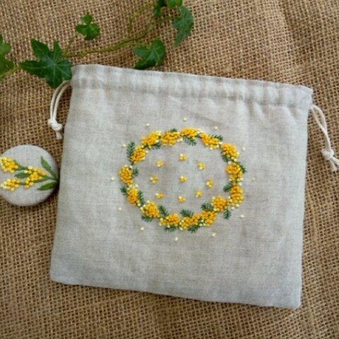 ミモサ刺繍の巾着