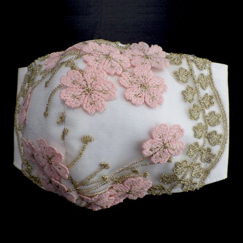 エンブロイダリー レース 金色のシルク刺繍 桜のマスク ピンク チェリー フラワー 花柄 ブライダル ウェディング ドレス レース 人気 可愛い 母の日 LASE-CB-G-PI