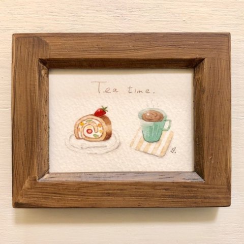 🍓「おやつの時間」 北欧水彩画イラストミニ額 コーヒー　いちご　ケーキ🍓