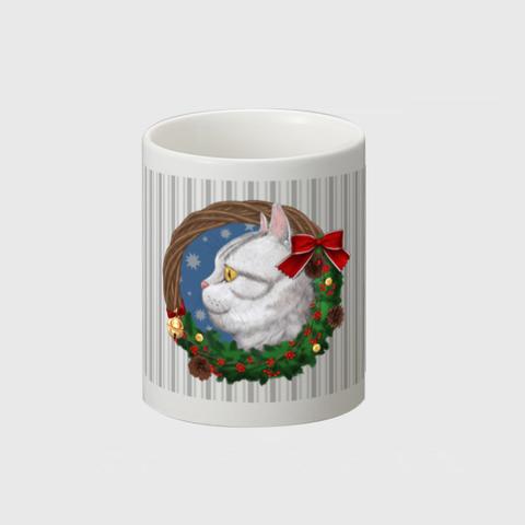 クリスマスリースと猫　ストライプ　マグカップ