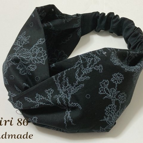 [ラスト1点！！サイズが選べる] HijiriOriginal　刺繍風ブラック花　クロスターバン　ヘアバンド　ターバン　ヘアバンド