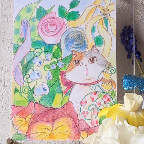 猫イラスト(原画)　不思議な花園を見つけた猫