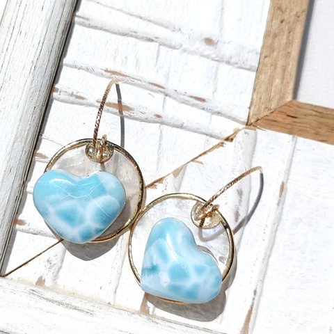 ❁Heart larimar shell coin earrings 14kgf❁可愛いハートラリマー