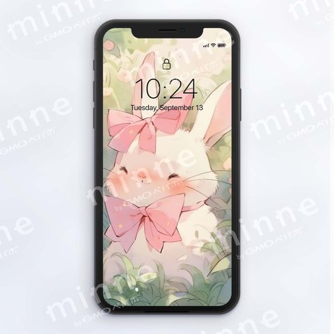 [かわいい／うさぎ]　壁紙  植物 ラビット    スマホ壁紙　大人気　リボン-J