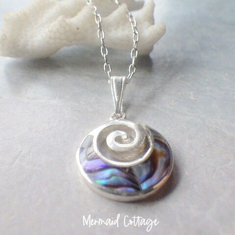 ☆sv925☆Swirl Wave Surf Necklace--波の渦巻きの革紐ペンダント パウアシェルx