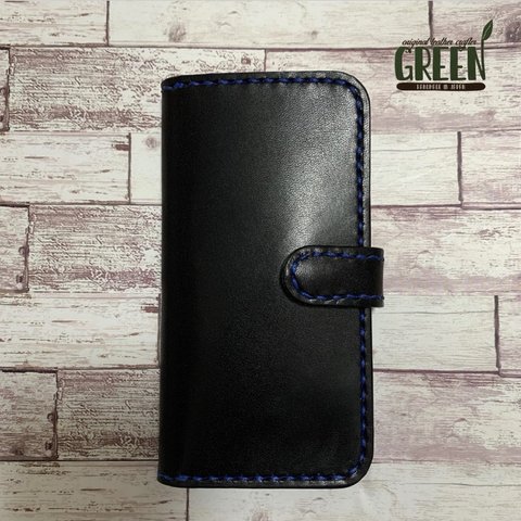 栃木レザー　ブラック　iPhoneケース　　スマホケース　2枚ポケット　ベルト付き　手帳型　本革　