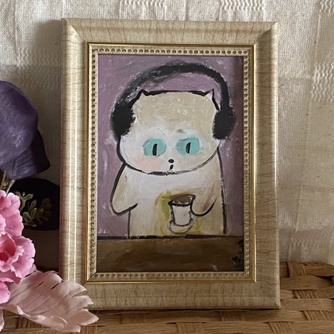 絵画。原画手描き【猫ちゃんは音楽を聴くのが好きで、コーヒーを飲みます】