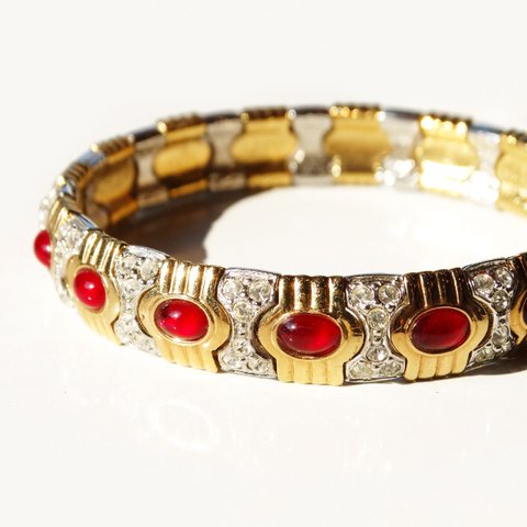 80s vintage rhinestone × red cabochon bangle