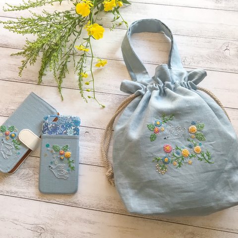 手刺繍の小鳥とお花のお出掛けセット