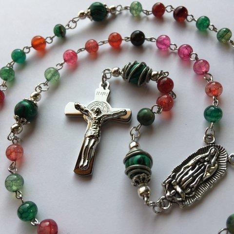 ロザリオ 【１点物】(46) マラカイト＆ミックス アゲート クロス十字架Rosary,Malachite,mixed DragonVeinAgate,CatholicHealingRelaxing