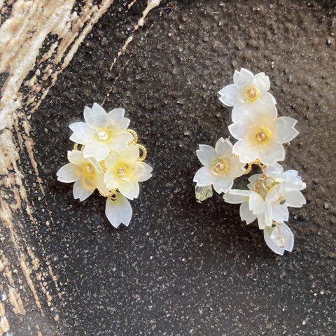 両耳セット 白色×黄色 の小さなしだれ桜のイヤーカフ 揺れる桜のイヤーカフ(左耳用)