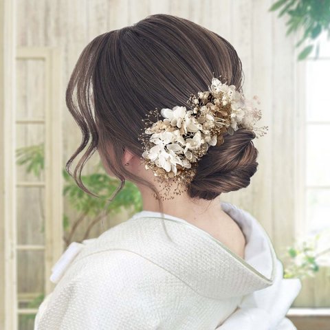 ゴールドベージュ/紫陽花＆かすみ草ヘッドピース＜数量限定＞