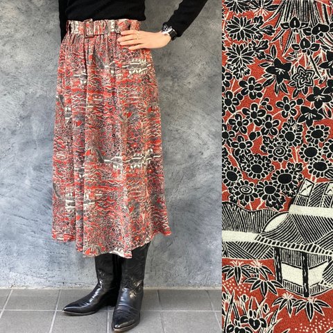 【SALE】着物リメイク　ベルト付きギャザーロングスカート　long skirt made from Kimono