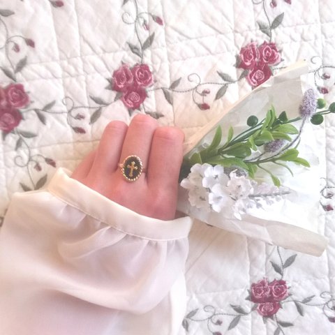 ♡再販♡ vintage cross ring ヴィンテージクロスのオーバルリング A (ブラック・フリーサイズ)