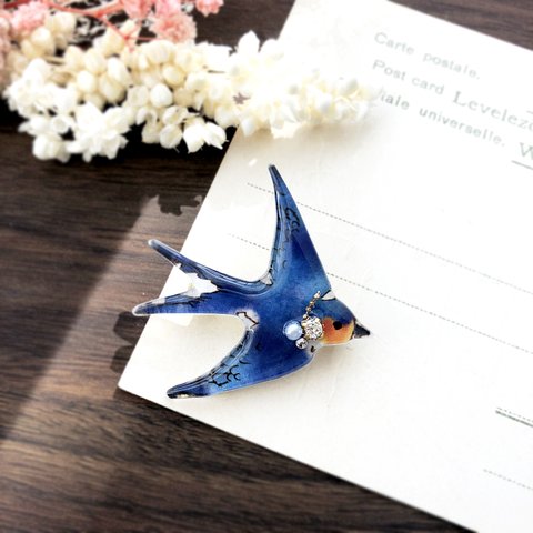 swallow brooch｜青いつばめブローチ