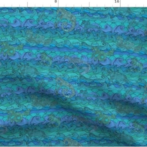 海 貝 シェル 珊瑚 コーラル 波 海洋 タツノオトシゴ ヒトデ海柄 輸入生地 生地 ハンドメイド 素材 布 ブルー 青