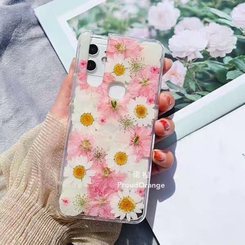 本物のお花 ピンクヒエンソウ ドライフラワー 押し花 華やか スマホケース ホワイト 白