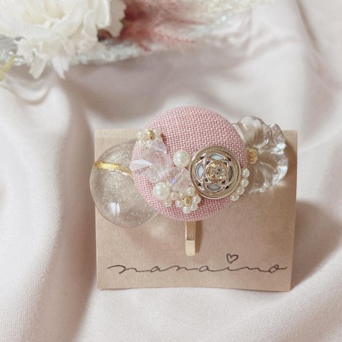 くるみボタンとお花のポニーフック(ピンク)