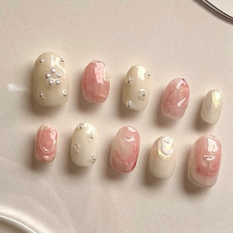 [14]  Pearl Flower pink桜 いちごみるく 春ネイルチップ　ニュアンス　サイズオーダー