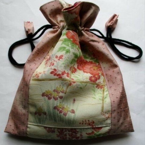 ６３００　紬と花柄の着物で作った巾着袋＃送料無料