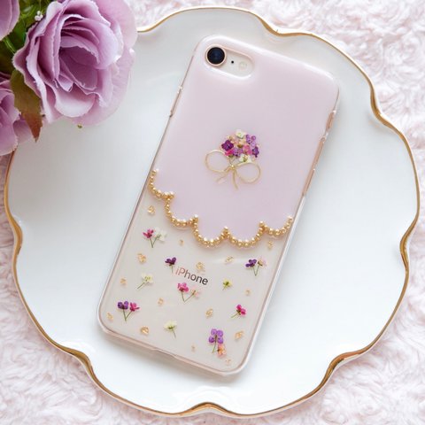 アリッサムブーケのスカラップ❁.*･ﾟ押し花iPhoneケース  ダスティピンク【※iPhone専用ページ】