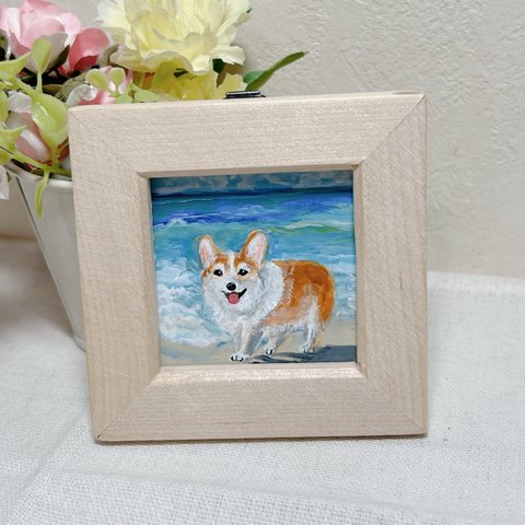 【波際の犬】　小さい絵　絵　コーギー
