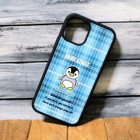 iPhoneケース コウテイペンギンの【コペンくん】水色チェック　イラスト　ic12-001