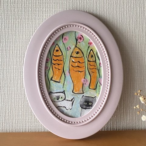 絵画。原画【2匹の猫が金魚風船ランドで楽しく遊んでいる】