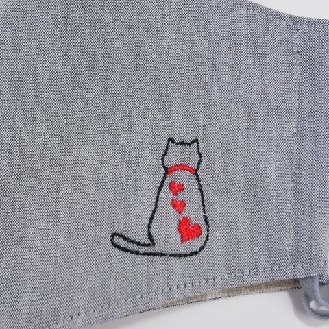 猫刺繍入り秋マスク（濃グレー）