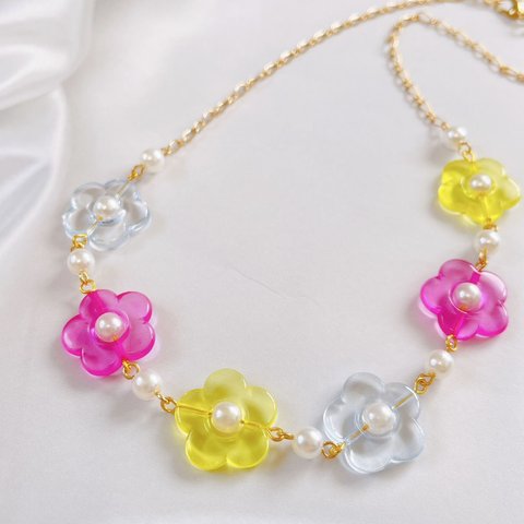 キッズ★pink＆yellowお花のビーズネックレス