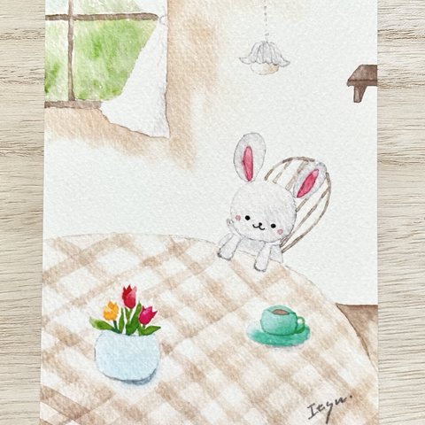 🌷透明水彩画「チューリップの季節」 イラストポストカード 2枚セット  うさぎ　ウサギ　花　フラワー　春　入園入学　入学式　バレンタイン　出産祝い　母の日　父の日　誕生日　バースデーカード　コーヒー　