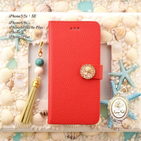 【 iPhone 】大人リゾートiPhone手帳型ケース♡ターコイズ&タッセルストラップ付き☆Red