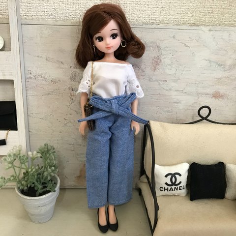 リカちゃん服♡袖レーストップス＆サックスブルー色ウエストリボンワイドパンツ