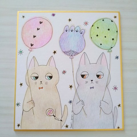 ☆原画・額なし☆ ふんわり＊猫イラスト／色鉛筆&ペン