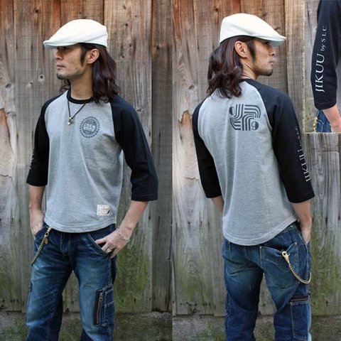  【JIKUU】 メンズ/ラグラン７分袖Tシャツ『ショルダータトゥー』