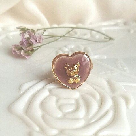 人気♡再販⑪♡ vintage bear ring くまのヴィンテージハートリング B (ミルクティーカラー・フリーサイズ)