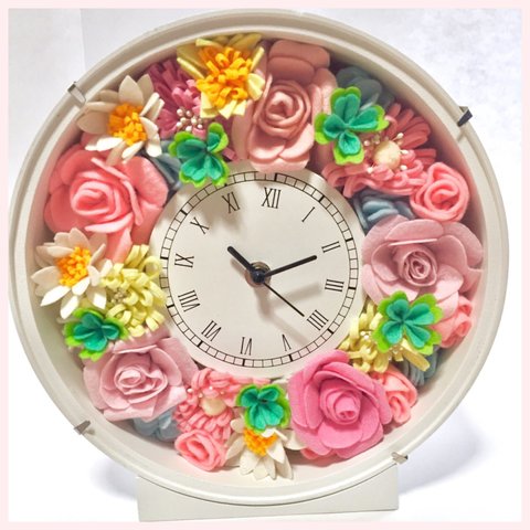 「再販」花時計 フェルトフラワー  ピンク　母の日　誕生日　結婚祝い　新築祝い　プレゼント　記念日