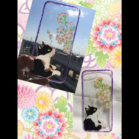 和が光る🌸桜と猫のステンドグラス風iPhone7plusケース 1点限り