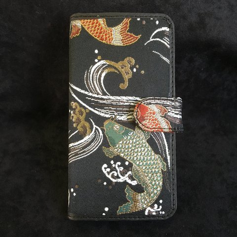 西陣織×革 鯉ブラック ノート型携帯ケース