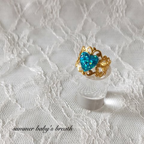 送料無料✴︎lamé jewel heart blue♡透かしパーツのリング