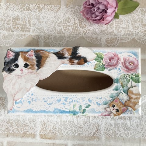 猫ちゃんと薔薇のティッシュケース☆天使猫☆ノルウェージャン☆茶とら☆