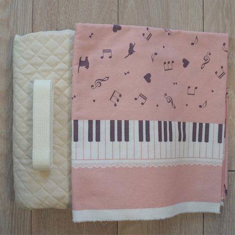 【ネームアイテム選択可】ピアノハート柄　音楽バッグ　絵本袋　ソフトピンク