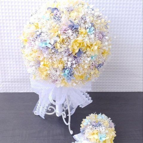 ブルースター×かすみ草×紫陽花mixのブーケＭ＊プリザーブドフラワー