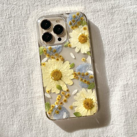 【spring breeze/yellow】 押し花スマホケース　全機種対応　ソフトケース　手帳型ケース　iPhone 15 14 13 12 12pro SE2 ミモザ　花柄　黄色　イエロー